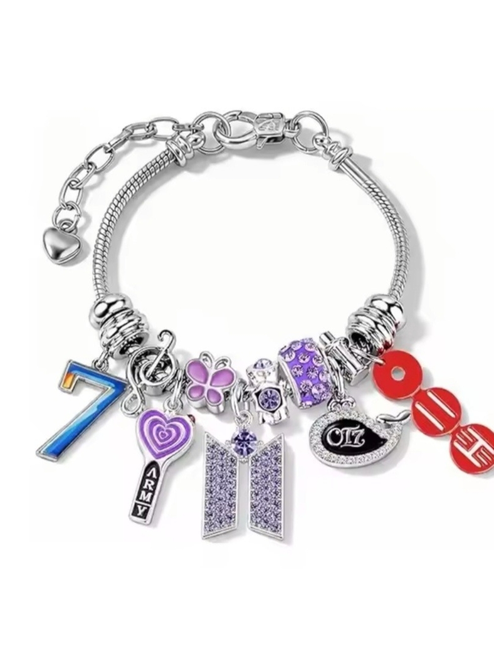 Silver-Tone BTS Inspired Purple Charm Bracelet with Red and Blue Accents